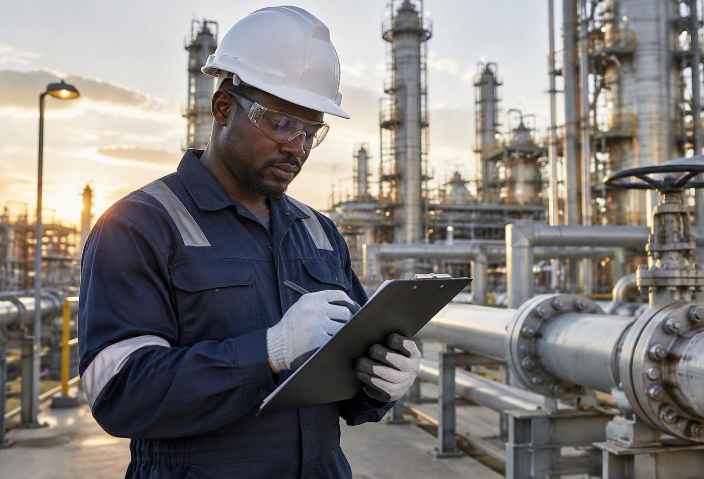 Safety officer inspecting a refinery site with a checklist